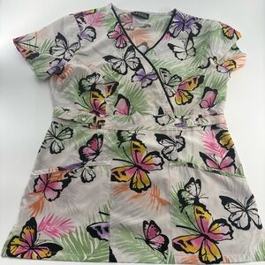 Cherokee Women's Butterfly Print Scrub Top Size XXS Short Sleeve Workwear
